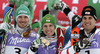 Winner and new slalom World Champion Marcel Hirscher of Austria (M), second placed Felix Neureuther of Germany (L) and third placed Mario Matt of Austria celebrate their success in finish of second run of men slalom race of FIS Alpine skiing World Championships in Schladming, Austria. Men slalom race of FIS Alpine skiing World championships Schladming 2013, was held in Schladming, Austria, on Sunday, 17th of February 2013.
