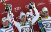 Winner Christof Innerhofer of Italy (M), second placed Georg Streitberger of Austria (L) and third placed Klaus Kroell of Austria (R) celebrate their medals won in men downhill race of FIS Alpine skiing World Cup in Garmisch-Partenkirchen, Germany. Men downhill race of FIS Alpine skiing World Cup in Garmisch-Partenkirchen, Germany, was held on Saturday, 23rd of February 2013.
