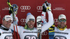 Winner Christof Innerhofer of Italy (M), second placed Georg Streitberger of Austria (L) and third placed Klaus Kroell of Austria (R) celebrate their medals won in men downhill race of FIS Alpine skiing World Cup in Garmisch-Partenkirchen, Germany. Men downhill race of FIS Alpine skiing World Cup in Garmisch-Partenkirchen, Germany, was held on Saturday, 23rd of February 2013.
