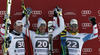 Winner Christof Innerhofer of Italy (M), second placed Georg Streitberger of Austria (L) and third placed Klaus Kroell of Austria (R) celebrate their medals won in men downhill race of FIS Alpine skiing World Cup in Garmisch-Partenkirchen, Germany. Men downhill race of FIS Alpine skiing World Cup in Garmisch-Partenkirchen, Germany, was held on Saturday, 23rd of February 2013.
