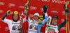 Winner Alexis Pinturault of France (M), second placed Marcel Hirscher of Austria (L) and third placed Ted Ligety of USA (R) celebrate their medals won in men giant slalom race of FIS Alpine skiing World Cup in Garmisch-Partenkirchen, Germany. Men giant slalom race of FIS Alpine skiing World Cup in Garmisch-Partenkirchen, Germany, was held on Sunday, 24th of February 2013.
