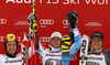 Winner Alexis Pinturault of France (M), second placed Marcel Hirscher of Austria (L) and third placed Ted Ligety of USA (R) celebrate their medals won in men giant slalom race of FIS Alpine skiing World Cup in Garmisch-Partenkirchen, Germany. Men giant slalom race of FIS Alpine skiing World Cup in Garmisch-Partenkirchen, Germany, was held on Sunday, 24th of February 2013.
