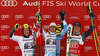 Winner Alexis Pinturault of France (M), second placed Marcel Hirscher of Austria (L) and third placed Ted Ligety of USA (R) celebrate their medals won in men giant slalom race of FIS Alpine skiing World Cup in Garmisch-Partenkirchen, Germany. Men giant slalom race of FIS Alpine skiing World Cup in Garmisch-Partenkirchen, Germany, was held on Sunday, 24th of February 2013.
