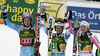 Winner Anna Fenninger of Austria (M), second placed Tina Maze of Slovenia (L) and third placed Viktoria Rebensburg of Germany (R) celebrate their medals won in women giant slalom race of FIS Alpine skiing World Cup in Ofterschwang, Germany. Women giant slalom race of FIS Alpine skiing World Cup in Ofterschwang, Germany, was held on Saturday, 9th of March 2013.
