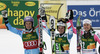 Winner Anna Fenninger of Austria (M), second placed Tina Maze of Slovenia (L) and third placed Viktoria Rebensburg of Germany (R) celebrate their medals won in women giant slalom race of FIS Alpine skiing World Cup in Ofterschwang, Germany. Women giant slalom race of FIS Alpine skiing World Cup in Ofterschwang, Germany, was held on Saturday, 9th of March 2013.
