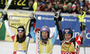 Winner Tina Maze of Slovenia (M), second placed Wendy Holdener of Switzerland (L) and third placed Mikaela Shiffrin of USA (R) celebrate their medals won in women slalom race of FIS Alpine skiing World Cup in Ofterschwang, Germany. Women slalom race of FIS Alpine skiing World Cup in Ofterschwang, Germany, was held on Sunday, 10th of March 2013.
