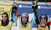 Winner Tina Maze of Slovenia (M), second placed Wendy Holdener of Switzerland (L) and third placed Mikaela Shiffrin of USA (R) celebrate their medals won in women slalom race of FIS Alpine skiing World Cup in Ofterschwang, Germany. Women slalom race of FIS Alpine skiing World Cup in Ofterschwang, Germany, was held on Sunday, 10th of March 2013.
