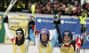 Winner Tina Maze of Slovenia (M), second placed Wendy Holdener of Switzerland (L) and third placed Mikaela Shiffrin of USA (R) celebrate their medals won in women slalom race of FIS Alpine skiing World Cup in Ofterschwang, Germany. Women slalom race of FIS Alpine skiing World Cup in Ofterschwang, Germany, was held on Sunday, 10th of March 2013.

