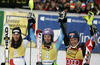 Winner Tina Maze of Slovenia (M), second placed Wendy Holdener of Switzerland (L) and third placed Mikaela Shiffrin of USA (R) celebrate their medals won in women slalom race of FIS Alpine skiing World Cup in Ofterschwang, Germany. Women slalom race of FIS Alpine skiing World Cup in Ofterschwang, Germany, was held on Sunday, 10th of March 2013.
