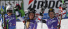 Winner Lara Gut of Switzerland (M), second placed Kathrin Zettel of Austria (R) and third placed Viktoria Rebensburg of Germany (L) celebrate their medals won in Audi FIS Alpine skiing World cup giant slalom race. Women giant slalom race of Audi FIS Alpine skiing World cup 2013-2014 was held on Saturday, 26th of October 2013 on Rettenbach glacier above Soelden, Austria.
