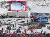 Second placed Alexis Pinturault of France skiing while French fans support him in finish of the second run of men Audi FIS Alpine skiing World cup giant slalom race. Men giant slalom race of Audi FIS Alpine skiing World cup 2013-2014 was held on Sunday, 27th of October 2013 on Rettenbach glacier above Soelden, Austria.
