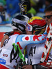 Second placed Alexis Pinturault of France (L) accepts congratulations from third placed Marcel Hirscher of Austria (R) in finish of the second run of men Audi FIS Alpine skiing World cup giant slalom race. Men giant slalom race of Audi FIS Alpine skiing World cup 2013-2014 was held on Sunday, 27th of October 2013 on Rettenbach glacier above Soelden, Austria.
