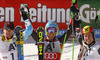 Winner Ted Ligety of USA (M), second placed Alexis Pinturault of France (L) and third placed Marcel Hirscher of Austria (R) celebrate their medals won in men Audi FIS Alpine skiing World cup giant slalom race. Men giant slalom race of Audi FIS Alpine skiing World cup 2013-2014 was held on Sunday, 27th of October 2013 on Rettenbach glacier above Soelden, Austria.
