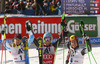 Winner Ted Ligety of USA (M), second placed Alexis Pinturault of France (L) and third placed Marcel Hirscher of Austria (R) celebrate their medals won in men Audi FIS Alpine skiing World cup giant slalom race. Men giant slalom race of Audi FIS Alpine skiing World cup 2013-2014 was held on Sunday, 27th of October 2013 on Rettenbach glacier above Soelden, Austria.
