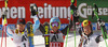 Winner Ted Ligety of USA (M), second placed Alexis Pinturault of France (L) and third placed Marcel Hirscher of Austria (R) celebrate their medals won in men Audi FIS Alpine skiing World cup giant slalom race. Men giant slalom race of Audi FIS Alpine skiing World cup 2013-2014 was held on Sunday, 27th of October 2013 on Rettenbach glacier above Soelden, Austria.
