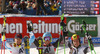 Winner Ted Ligety of USA (M), second placed Alexis Pinturault of France (L) and third placed Marcel Hirscher of Austria (R) celebrate their medals won in men Audi FIS Alpine skiing World cup giant slalom race. Men giant slalom race of Audi FIS Alpine skiing World cup 2013-2014 was held on Sunday, 27th of October 2013 on Rettenbach glacier above Soelden, Austria.
