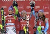 2nd place Maria Hoefl-Riesch of Germany, 1st place Mikaela Shiffrin of the USA and third placed Tina Maze of Slovenia celebrate on podium during ladies Slalom of FIS ski alpine world cup at the Levi Black course in Levi, Finland on 2013/11/16.
