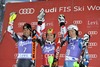 2nd place Mario Matt of Austria, 1st place Marcel Hirscher of Austria, 3rd place Henrik Kristoffersen of Norway celebrate on Podium during mens Slalom of FIS ski alpine world cup at the Levi Black course in Levi, Finland on 2013/11/17.
