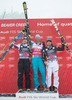 2nd place Hannes Reichelt of Austria, 1st place Aksel Lund Svindal of Norway, 3rd place Peter Fill of Italy celebrate on Podium after mens downhill of the Beaver Creek FIS Ski Alpine World Cup at the Birds of Prey in Beaver Creek, United States on 2012/12/06.
