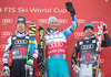 2nd place Hannes Reichelt of Austria, 1st place Aksel Lund Svindal of Norway, 3rd place Peter Fill of Italy celebrate on Podium after mens downhill of the Beaver Creek FIS Ski Alpine World Cup at the Birds of Prey in Beaver Creek, United States on 2012/12/06.
