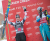 2nd place Hannes Reichelt of Austria, 1st place Aksel Lund Svindal of Norway celebrate on Podium after mens downhill of the Beaver Creek FIS Ski Alpine World Cup at the Birds of Prey in Beaver Creek, United States on 2012/12/06.
