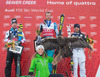 2nd place Hannes Reichelt of Austria, 1st place Aksel Lund Svindal of Norway, 3rd place Peter Fill of Italy and a Eagle of the Raptor foundtion celebrate on Podium after mens downhill of the Beaver Creek FIS Ski Alpine World Cup at the Birds of Prey in Beaver Creek, United States on 2012/12/06.
