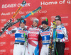 2nd place Otmar Striedinger of Austria, 1st place Patrick Kueng of Switzerland, 3rd place Peter Fill of Italy and Hannes Reichelt of Austria celebrate on Podium after mens Super-G of the Beaver Creek FIS Ski Alpine World Cup at the Birds of Prey in Beaver Creek, United States on 2012/12/07.
