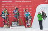 v.l.n.r. Bode Miller (USA/2. Platz), Ted Ligety (USA/1. Platz), Marcel Hirscher (AUT/3. Platz), Anne Price (Raptor Foundation) mit Steinadler // f.l.t.r. 2nd place Bode Miller of the USA, 1st place Ted Ligety of the USA and 3rd place Marcel Hirscher of Austria and Anne Price (Raptor Foundation) with a Eagle Celebrate on Podium after mens Giant Slalom of the Beaver Creek FIS Ski Alpine World Cup at the Birds of Prey Raptor in Beaver Creek, United States on 2012/12/08.
