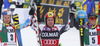 Winner Marcel Hirscher of Austria (M), second placed Alexis Pinturault of France (L) and third placed Ted Ligety of USA (R) celebrate their medals won in men giant slalom race of Audi FIS Alpine skiing World cup in Alta Badia Italy. Men giant slalom race of Audi FIS Alpine skiing World cup 2013-2014 was held on Sunday, 22nd of December 2013 on Gran Risa course in Alta Badia, Italy.
