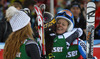Winner Anna Fenninger of Austria (M) accepts congratulations from second placed Jessica Lindell-Vikarby of Sweden (R), and third placed Mikaela Shiffrin of USA (L) after women giant slalom race of Audi FIS Alpine skiing World cup in Lienz, Austria. Women giant slalom race of Audi FIS Alpine skiing World cup 2013-2014 was held on Saturday, 28th of December 2013 in Lienz, Austria.
