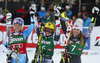 Winner Anna Fenninger of Austria (M), second placed Jessica Lindell-Vikarby of Sweden (L) and third placed Mikaela Shiffrin of USA (R) celebrate their medals won in women giant slalom race of Audi FIS Alpine skiing World cup in Lienz, Austria. Women giant slalom race of Audi FIS Alpine skiing World cup 2013-2014 was held on Saturday, 28th of December 2013 in Lienz, Austria.
