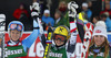 Winner Anna Fenninger of Austria (M), second placed Jessica Lindell-Vikarby of Sweden (L) and third placed Mikaela Shiffrin of USA (R) celebrate their medals won in women giant slalom race of Audi FIS Alpine skiing World cup in Lienz, Austria. Women giant slalom race of Audi FIS Alpine skiing World cup 2013-2014 was held on Saturday, 28th of December 2013 in Lienz, Austria.
