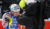 Tenth placed Anne-Sophie Barthet of France reacts in finish of the second run of women slalom race of Audi FIS Alpine skiing World cup in Lienz, Austria. Women slalom race of Audi FIS Alpine skiing World cup 2013-2014 was held on Sunday, 29th of December 2013 in Lienz, Austria.
