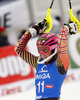 Fourth placed Marie-Michele Gagnon of Canada reacts in finish of the second run of women slalom race of Audi FIS Alpine skiing World cup in Lienz, Austria. Women slalom race of Audi FIS Alpine skiing World cup 2013-2014 was held on Sunday, 29th of December 2013 in Lienz, Austria.
