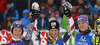 Winner Marlies Schild of Austria (M), second placed Mikaela Shiffrin of USA (L) and third placed Maria Hoefl-Riesch of Germany (R) celebrate their medals won in women slalom race of Audi FIS Alpine skiing World cup in Lienz, Austria. Women slalom race of Audi FIS Alpine skiing World cup 2013-2014 was held on Sunday, 29th of December 2013 in Lienz, Austria.

