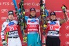 2nd place Hannes Reichelt of Austria, 1st place Aksel Lund Svindal of Norway and 3rd place Erik Guay of Canada Celebrate on Podium after mens downhill of the Bormio FIS Ski Alpine World Cup at the Stelvio Course in Bormio, Italy on 2013/12/29.
