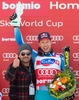 Alberto Tomba and 1st place Aksel Lund Svindal of Norway Celebrate on Podium after mens downhill of the Bormio FIS Ski Alpine World Cup at the Stelvio Course in Bormio, Italy on 2013/12/29.
