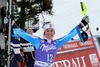 Maria Pietilae-Holmner celebrate on podium after the ladies Slalom of the Bormio FIS Ski World Cup at the Stelvio Course in Bormio, Italy on 2014/01/05.
