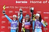 Maria Pietilae-Holmner, Mikaela Shiffrin, Nastasia Noens celebrate on podium after the ladies Slalom of the Bormio FIS Ski World Cup at the Stelvio Course in Bormio, Italy on 2014/01/05.
