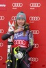 Mikaela Shiffrin celebrate on podium after the ladies Slalom of the Bormio FIS Ski World Cup at the Stelvio Course in Bormio, Italy on 2014/01/05.
