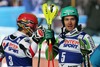 2nd place Marcel Hirscher of Austria and 1st place Felix Neureuther of Germany reacts in the finish area after his 2nd run of mens Slalom of the Bormio FIS Ski World Cup at the Stelvio Course in Bormio, Italy on 2014/01/06.

