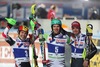 2nd place Marcel Hirscher of Austria and 1st place Felix Neureuther of Germany and 3rd place Manfred Moelgg of Italy celebrate on Podium after mens Slalom of the Bormio FIS Ski World Cup at the Stelvio Course in Bormio, Italy on 2014/01/06.
