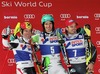 2nd place Marcel Hirscher of Austria and 1st place Felix Neureuther of Germany and 3rd place Manfred Moelgg of Italy celebrate on Podium after mens Slalom of the Bormio FIS Ski World Cup at the Stelvio Course in Bormio, Italy on 2014/01/06.
