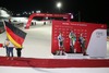 2nd place Marcel Hirscher of Austria and 1st place Felix Neureuther of Germany and 3rd place Manfred Moelgg of Italy celebrate on Podium after mens Slalom of the Bormio FIS Ski World Cup at the Stelvio Course in Bormio, Italy on 2014/01/06.
