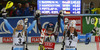 Winner Mikaela Shiffrin of USA (M), second placed Frida Hansdotter of Sweden (L) and third placed Maria Pietilae-Holmner of Sweden (R) celebrate their medals won in women night slalom race of Audi FIS Alpine skiing World cup in Flachau, Austria. Women night slalom race of Audi FIS Alpine skiing World cup 2013-2014 was held on Tuesday, 14th of January 2014 in Flachau, Austria.
