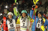 Winner Felix Neureuther of Germany (M), second placed Henrik Kristoffersen of Norway (L) and third placed Patrick Thaler of Italy (R) celebrate their medals won in men slalom race of Audi FIS Alpine skiing World cup in Kitzbuehel, Austria. Men slalom race of Audi FIS Alpine skiing World cup 2013-2014 was held on Friday, 24th of January 2014 in Kitzbuehel, Austria.

