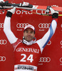 Winner Didier Defago of Switzerland celebrates his medal won in men super-g race of Audi FIS Alpine skiing World cup in Kitzbuehel, Austria. Men super-g race of Audi FIS Alpine skiing World cup 2013-2014 was held on Sunday, 26th of January 2014 on Streifalm course in Kitzbuehel, Austria.
