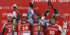 Winner Didier Defago of Switzerland (2nd from L), second placed Bode Miller of USA (L) and third placed Aksel Lund Svindal of Norway (2nd from R) and Max Franz of Austria (R) celebrate their medals won in men super-g race of Audi FIS Alpine skiing World cup in Kitzbuehel, Austria. Men super-g race of Audi FIS Alpine skiing World cup 2013-2014 was held on Sunday, 26th of January 2014 on Streifalm course in Kitzbuehel, Austria.
