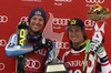Third placed Aksel Lund Svindal of Norway (L) and Max Franz of Austria (R) celebrate their medals won in men super-g race of Audi FIS Alpine skiing World cup in Kitzbuehel, Austria. Men super-g race of Audi FIS Alpine skiing World cup 2013-2014 was held on Sunday, 26th of January 2014 on Streifalm course in Kitzbuehel, Austria.
