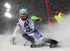 Luca Aerni of Switzerland skiing in first run of The Night race, men slalom race of Audi FIS Alpine skiing World cup in Schladming, Austria. The Night race, men slalom race of Audi FIS Alpine skiing World cup 2013-2014 was held on Tuesday, 28th of January 2014 in Schladming, Austria.
